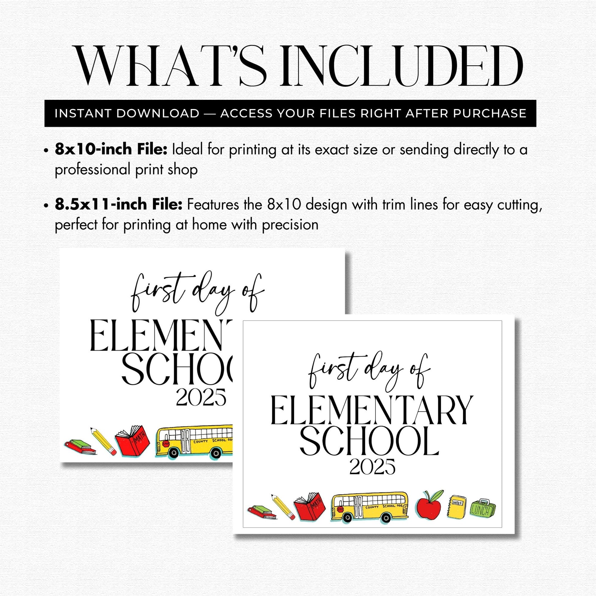 Two 'first day of elementary school 2023' printables with school-themed icons on a white background.