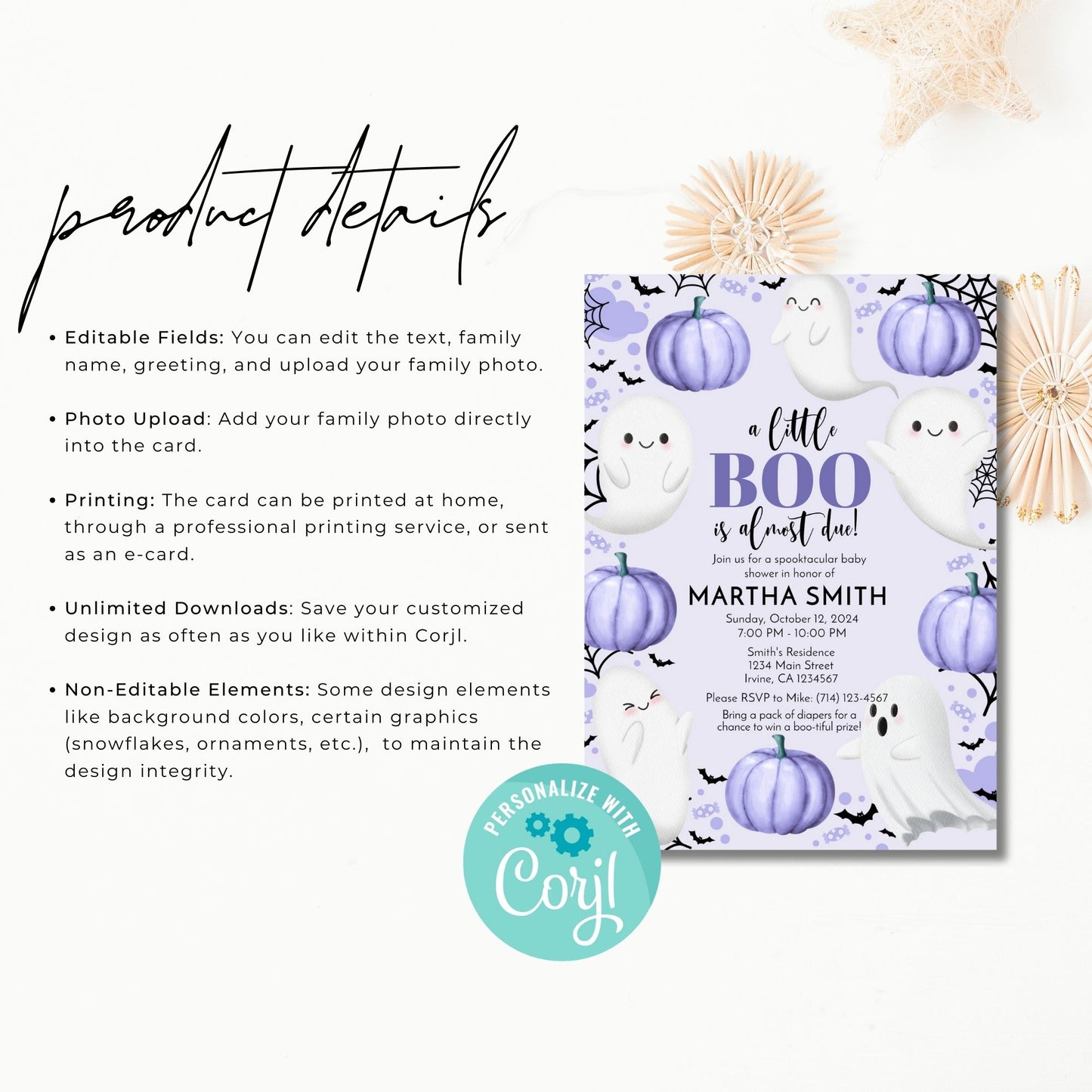 A Little Boo is Almost Due! Purple Ghost Baby Shower Invitation Purple