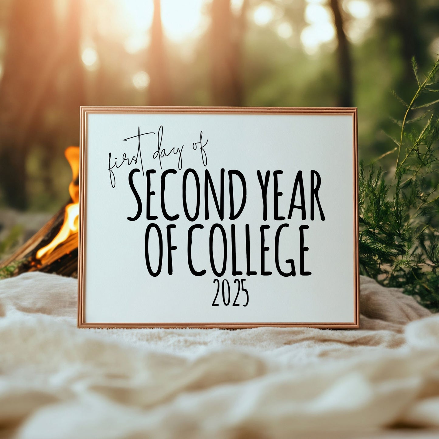 Framed sign with 'first day of second year of college 2025' text against a natural background.