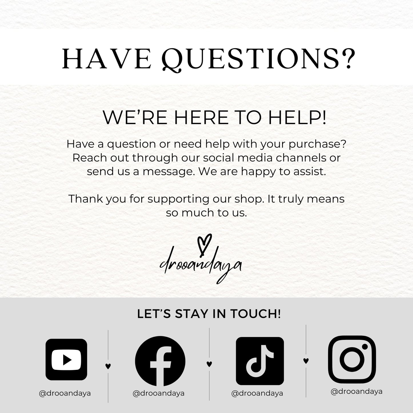 Customer service message with contact information for a brand on a white background