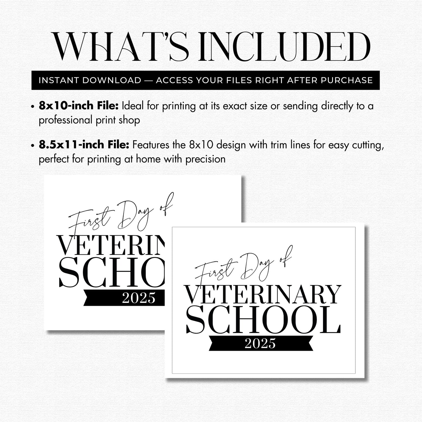 Information on included files for 'First Day of Veterinary School 2025' printables with two file sizes displayed.