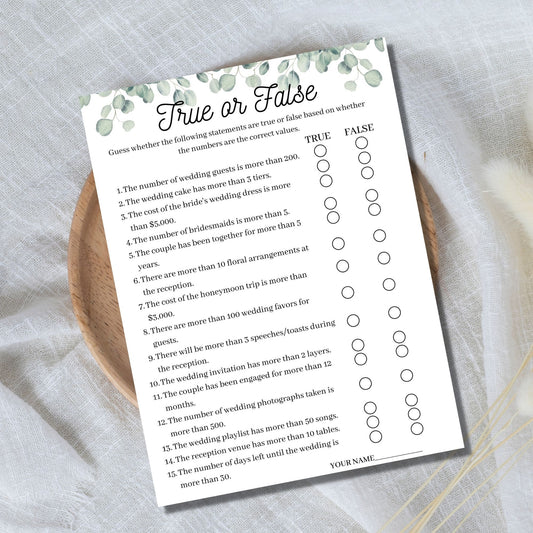 True or False Bridal Shower Game - Greenery