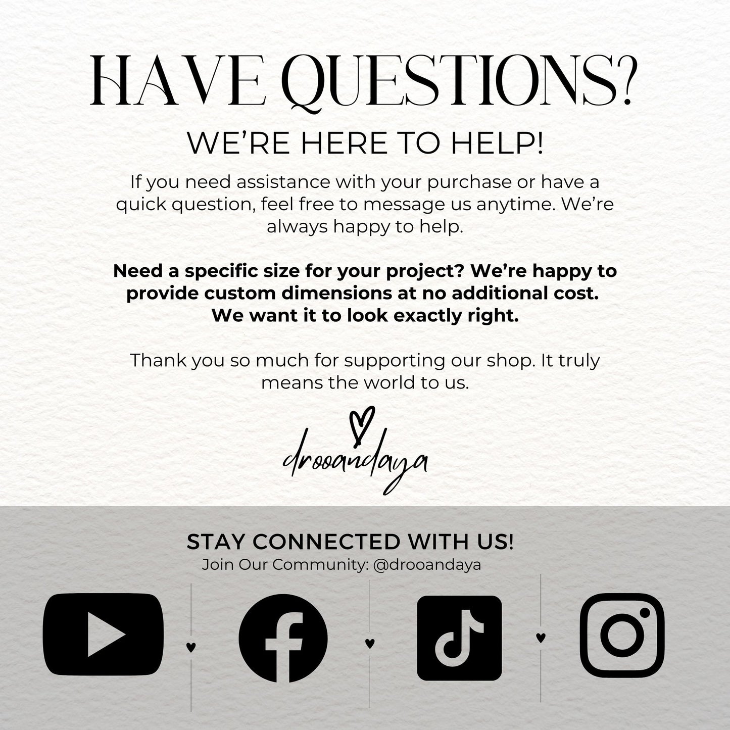 Customer service message with contact information and social media icons on a white background