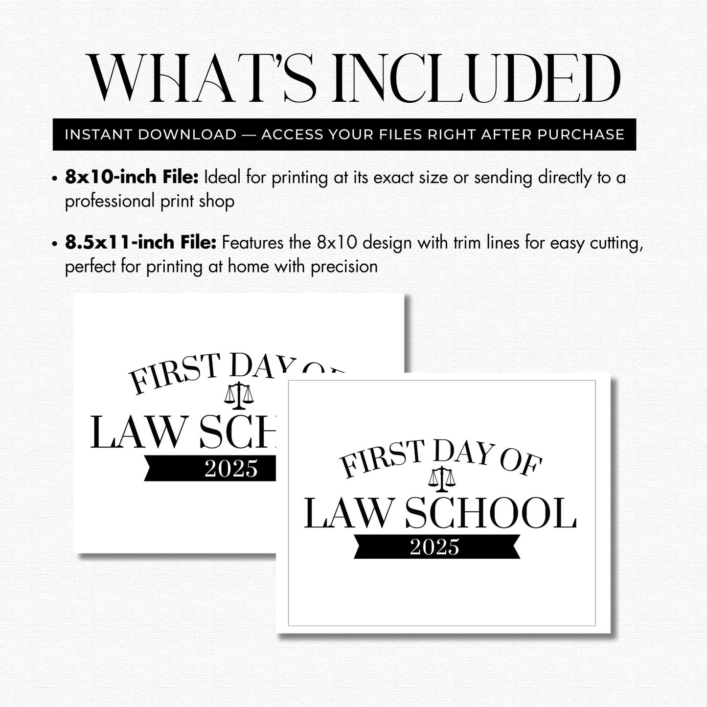 Two 'First Day of Law School 2025' printables with file size options on a white background.
