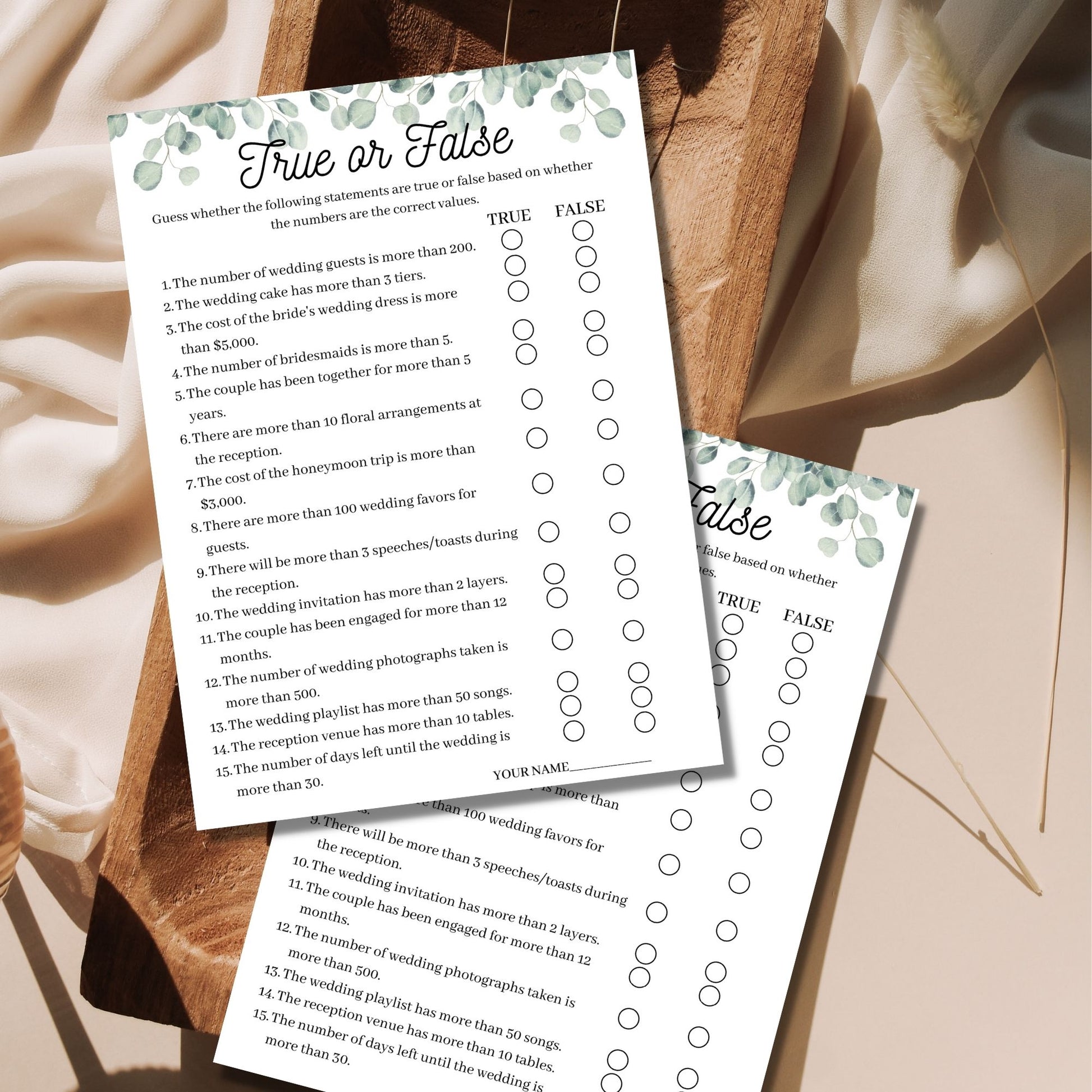 True or False Bridal Shower Game - Greenery