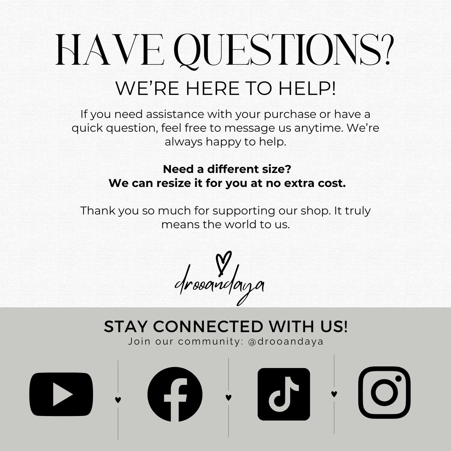 Customer service message with contact information and social media icons on a white background