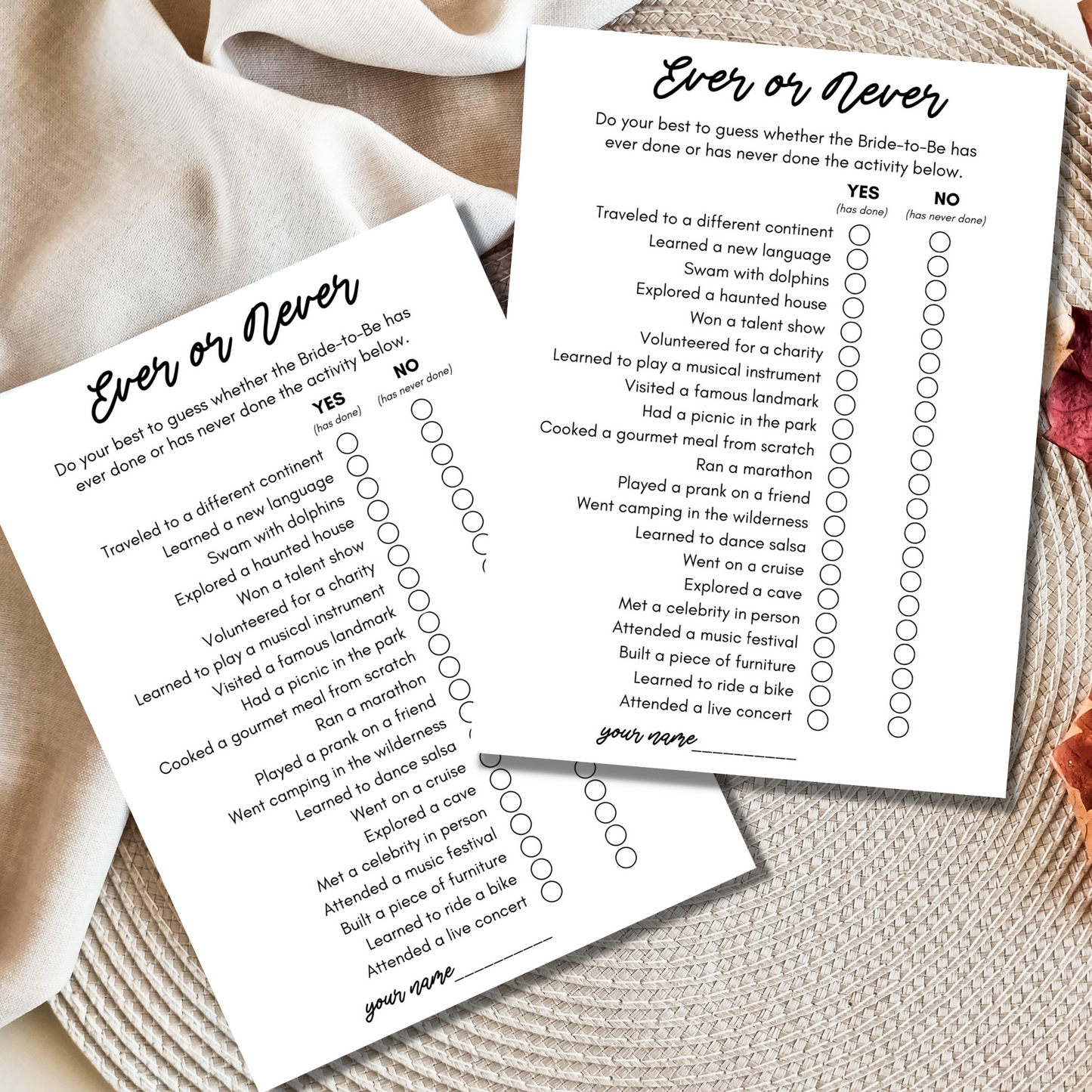 Ever or Never Bridal Shower Game - Minimalist