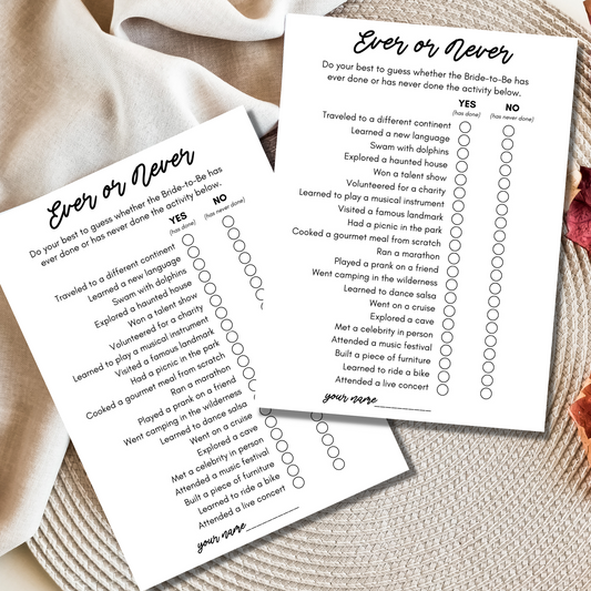 Ever or Never Bridal Shower Game - Minimalist