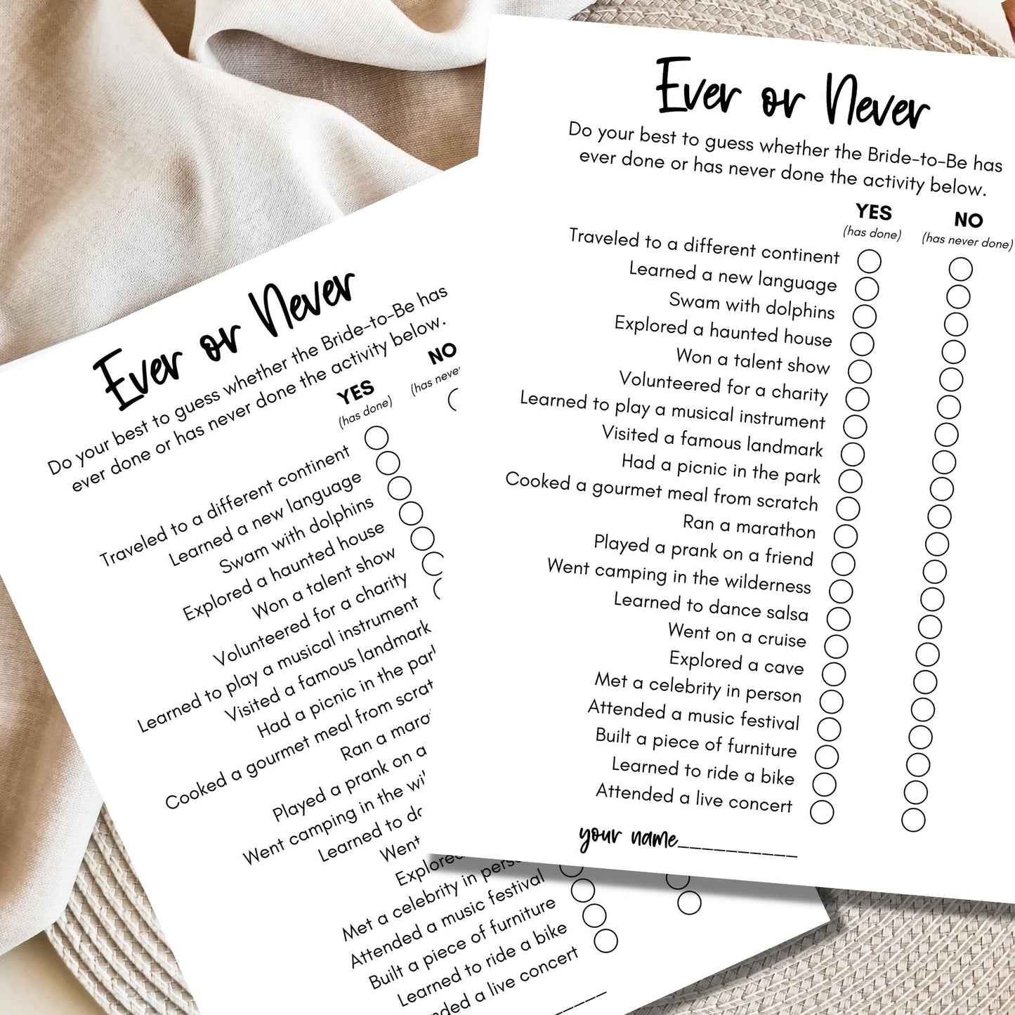 Ever or Never Bridal Shower Game - Minimalist