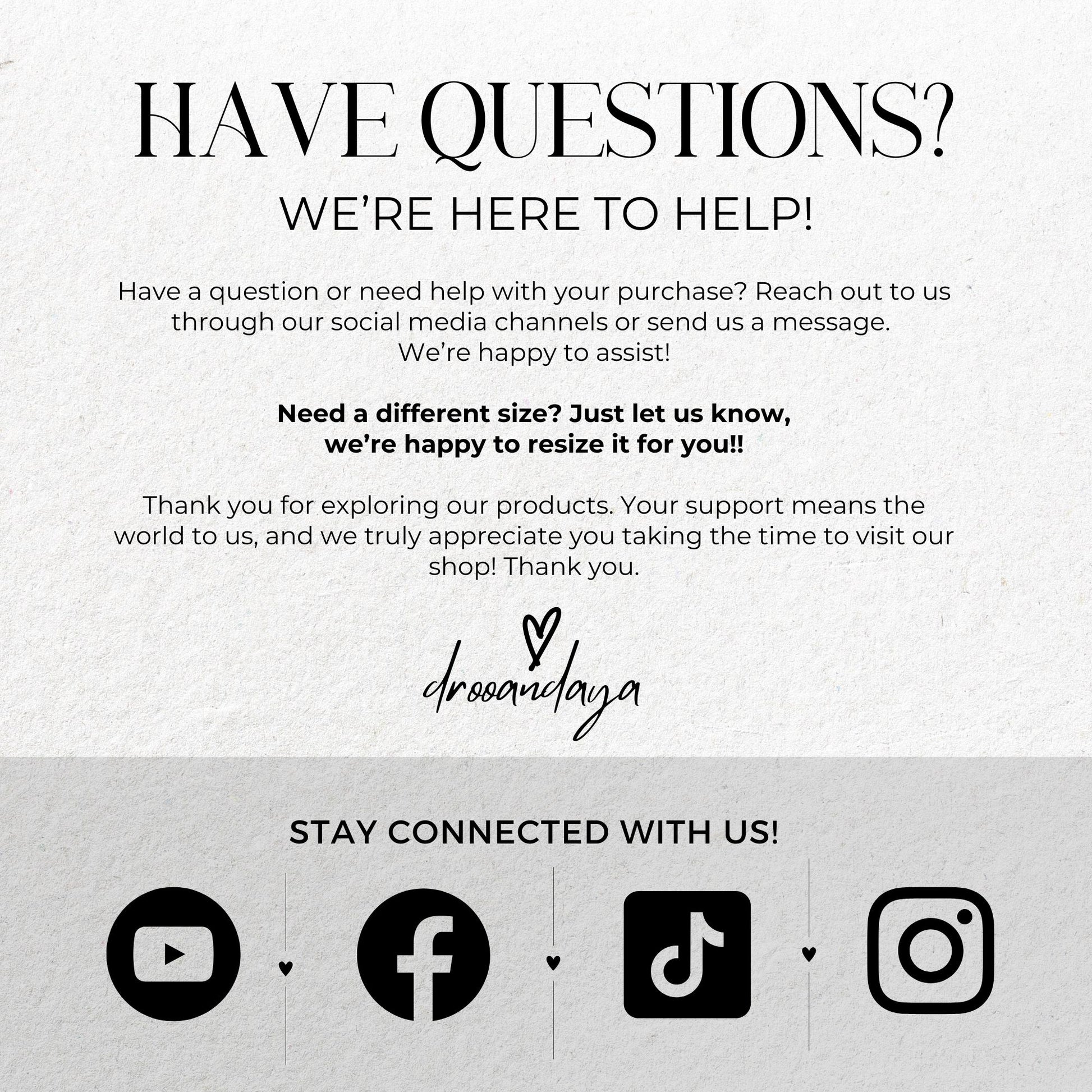 Customer service message with contact information and brand logo on a light gray background