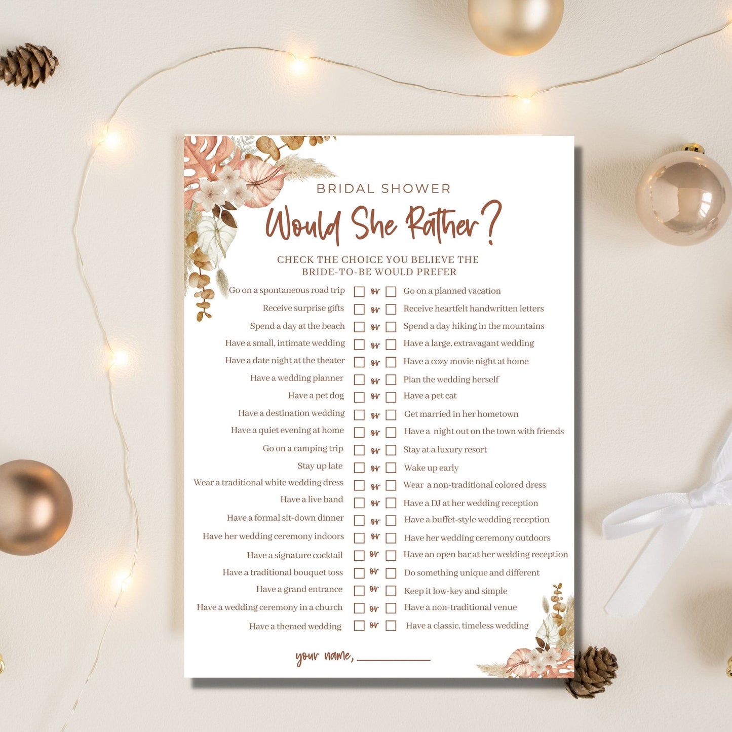 Would She Rather Bridal Shower Game - Boho Floral