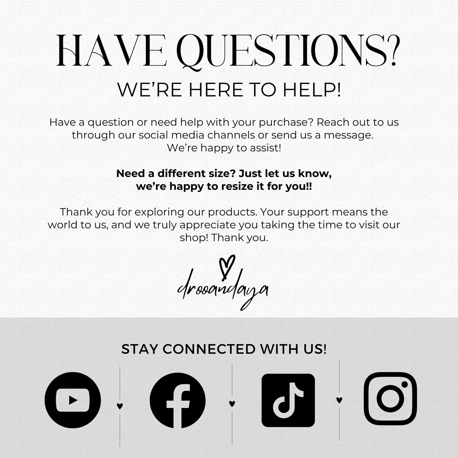 Customer service message with contact information and social media icons on a white background