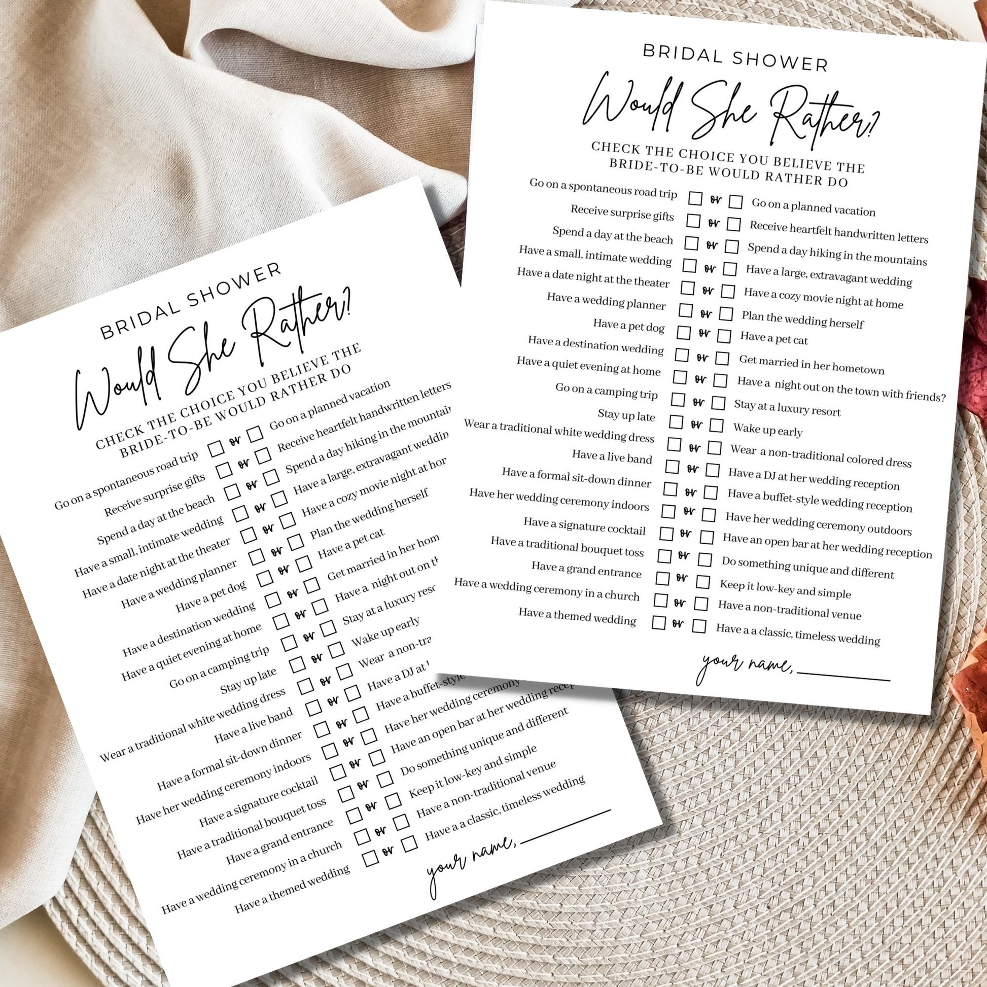 Would She Rather Bridal Shower Game Printable - Minimalist