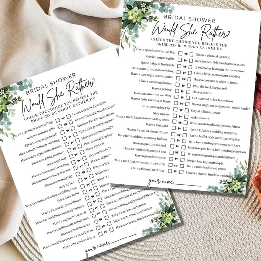 Would She Rather Bridal Shower Game Printable - Greenery