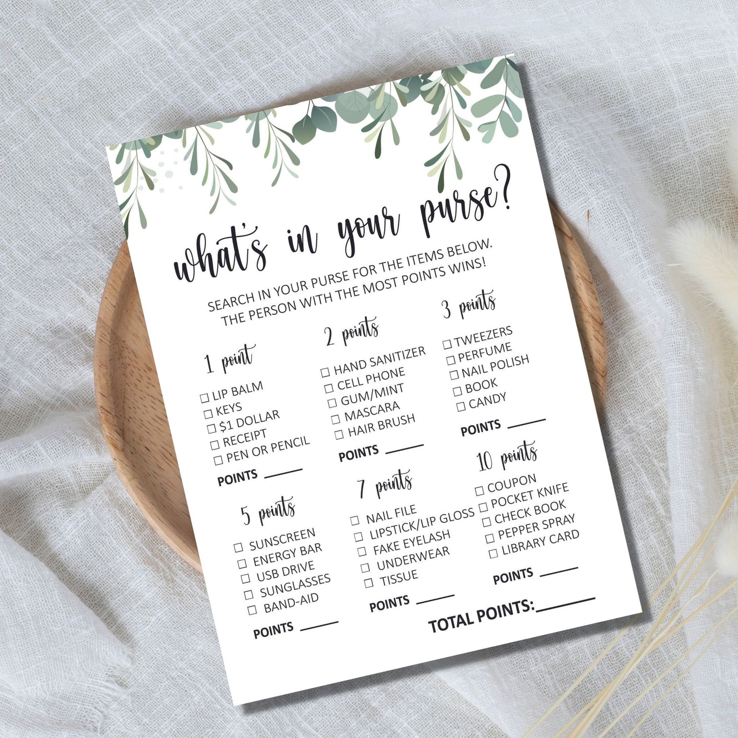 What's In Your Purse Bridal Shower Game Printable - Eucalyptus Theme