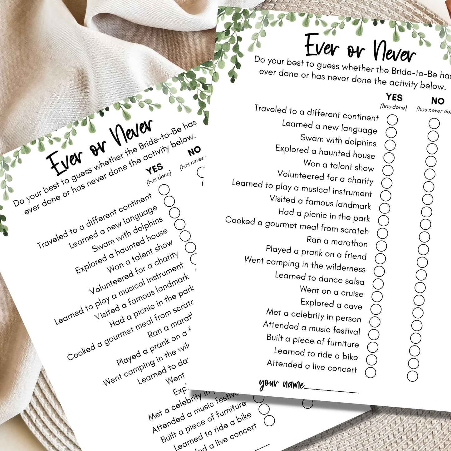 Ever or Never Bridal Shower Game - Greenery