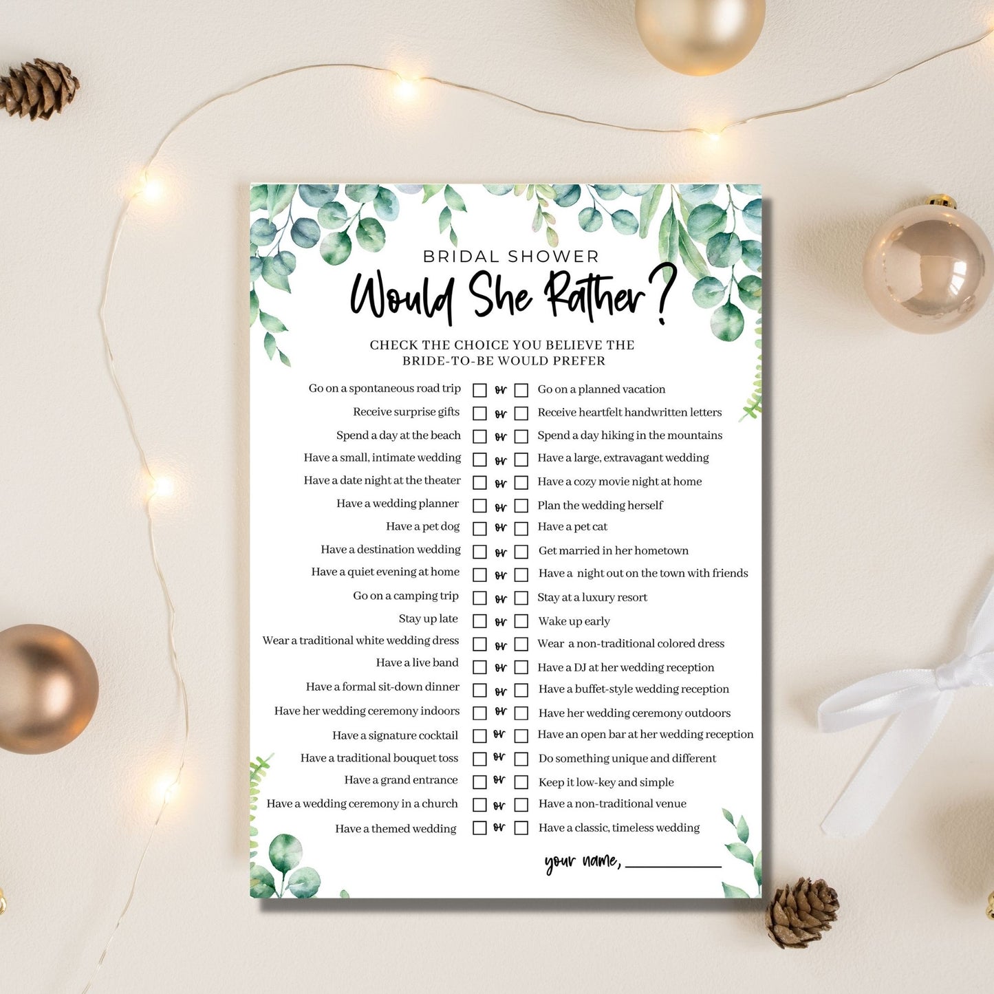 Would She Rather Bridal Shower Game - Greenery
