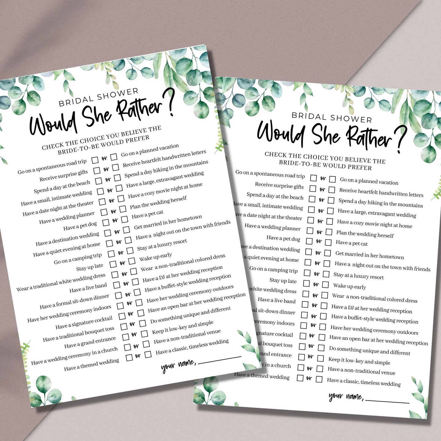 Would She Rather Bridal Shower Game - Greenery