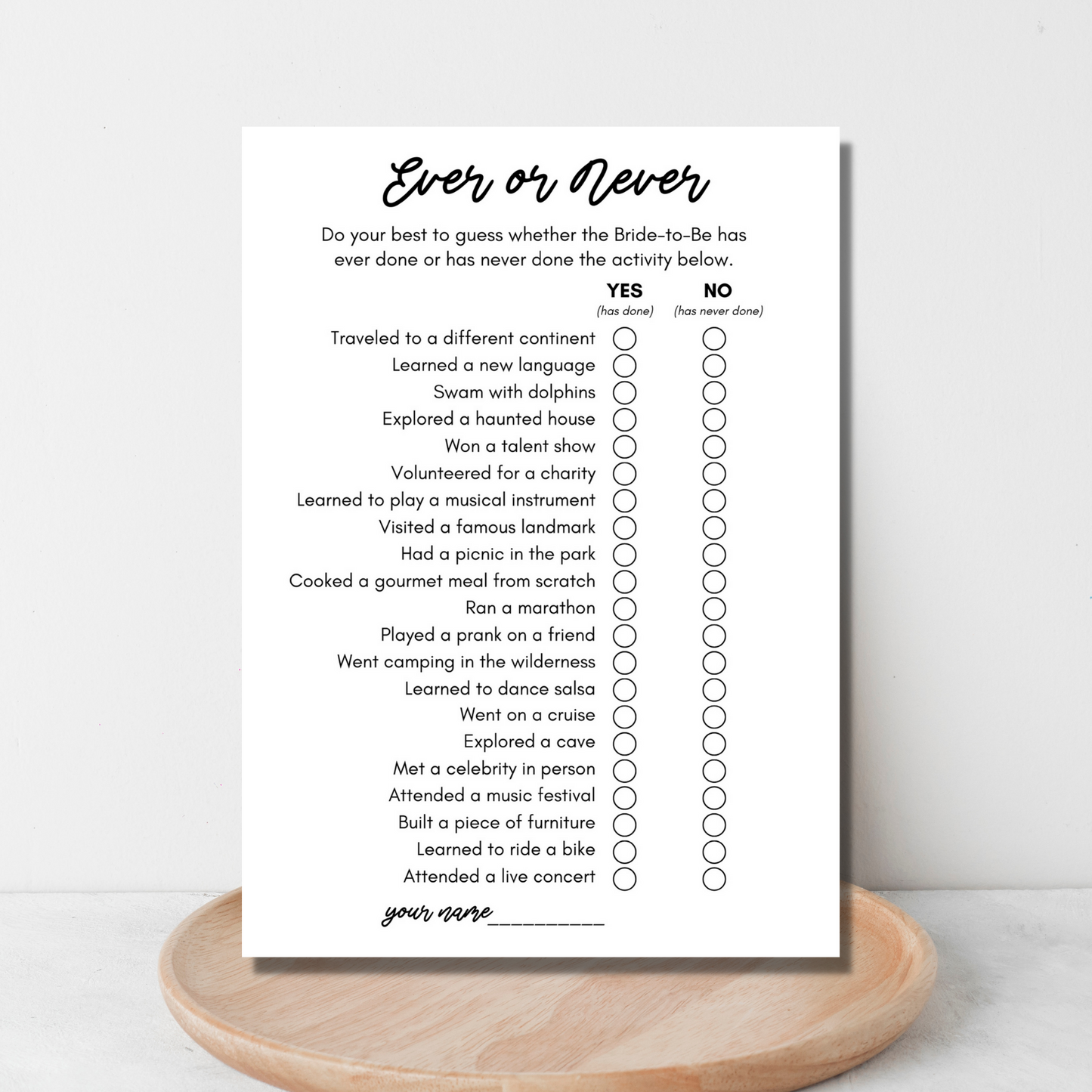 Ever or Never Bridal Shower Game - Minimalist