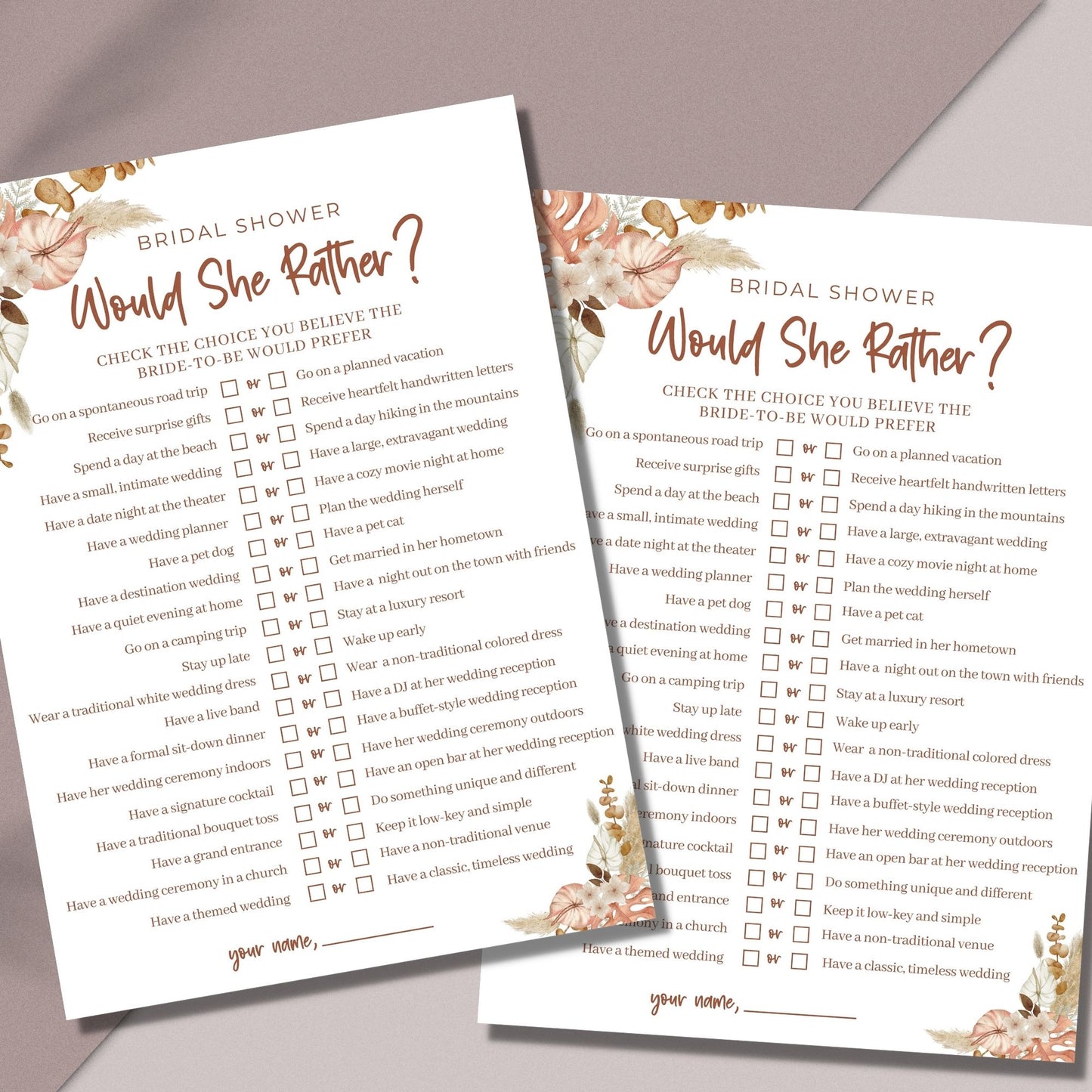 Would She Rather Bridal Shower Game - Boho Floral