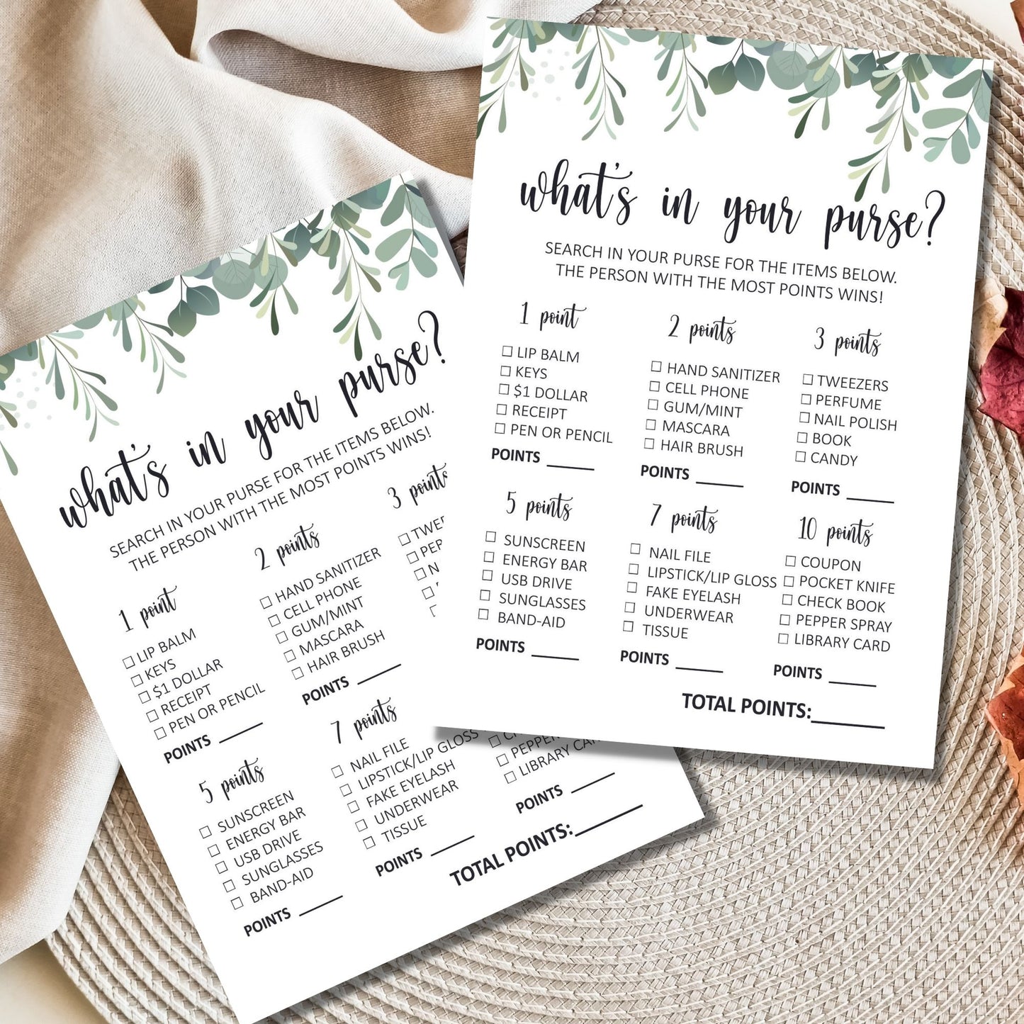 What's In Your Purse Bridal Shower Game Printable - Eucalyptus Theme