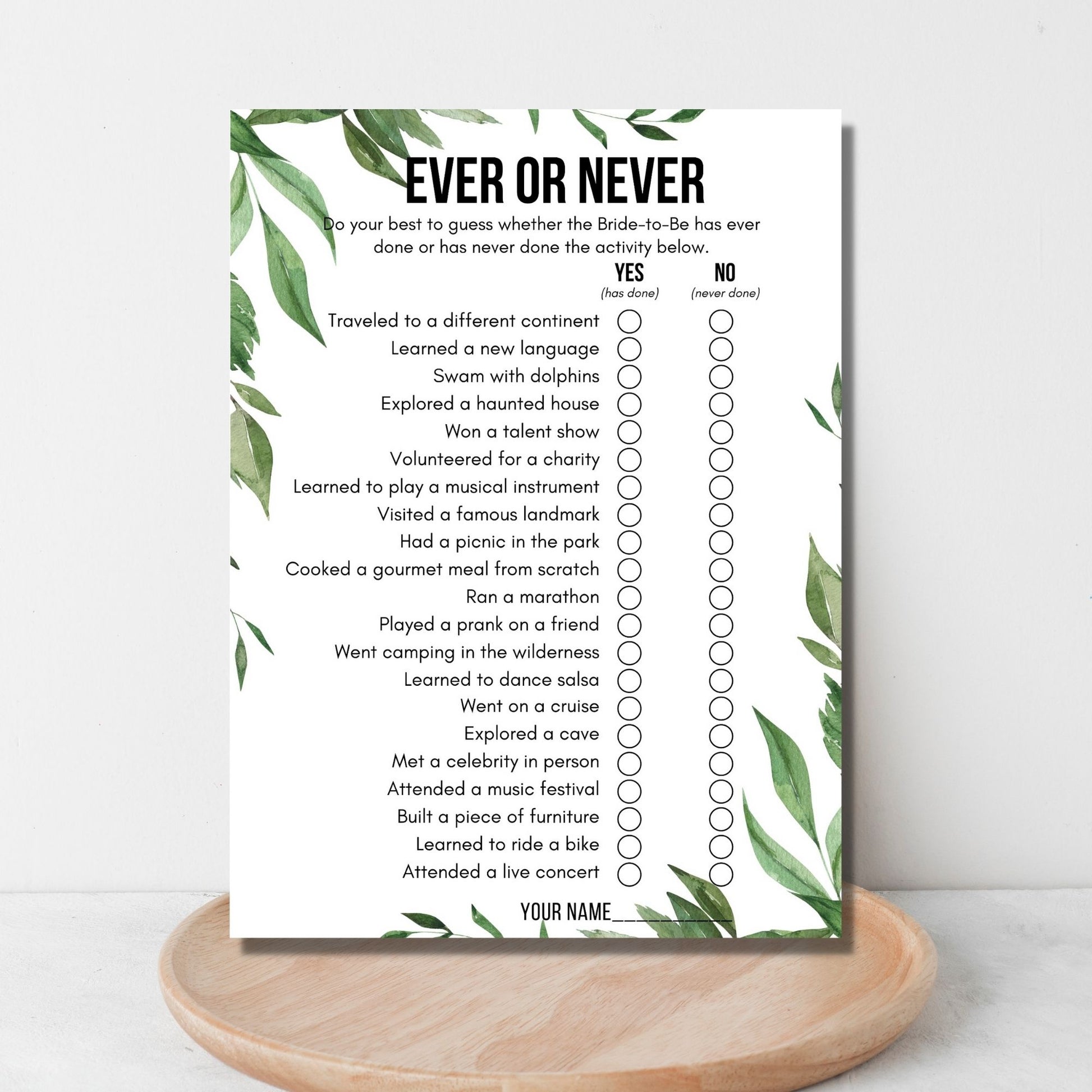 Ever or Never Bridal Shower Game - Greenery