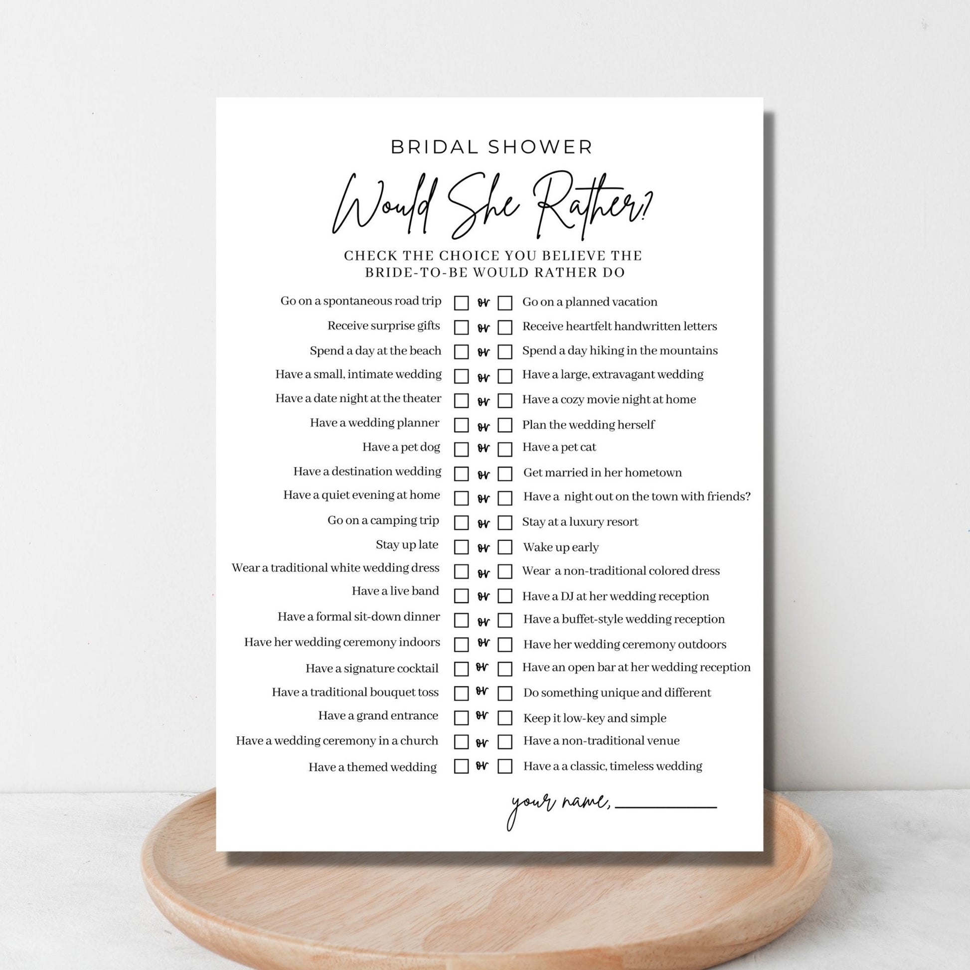 Would She Rather Bridal Shower Game Printable - Minimalist