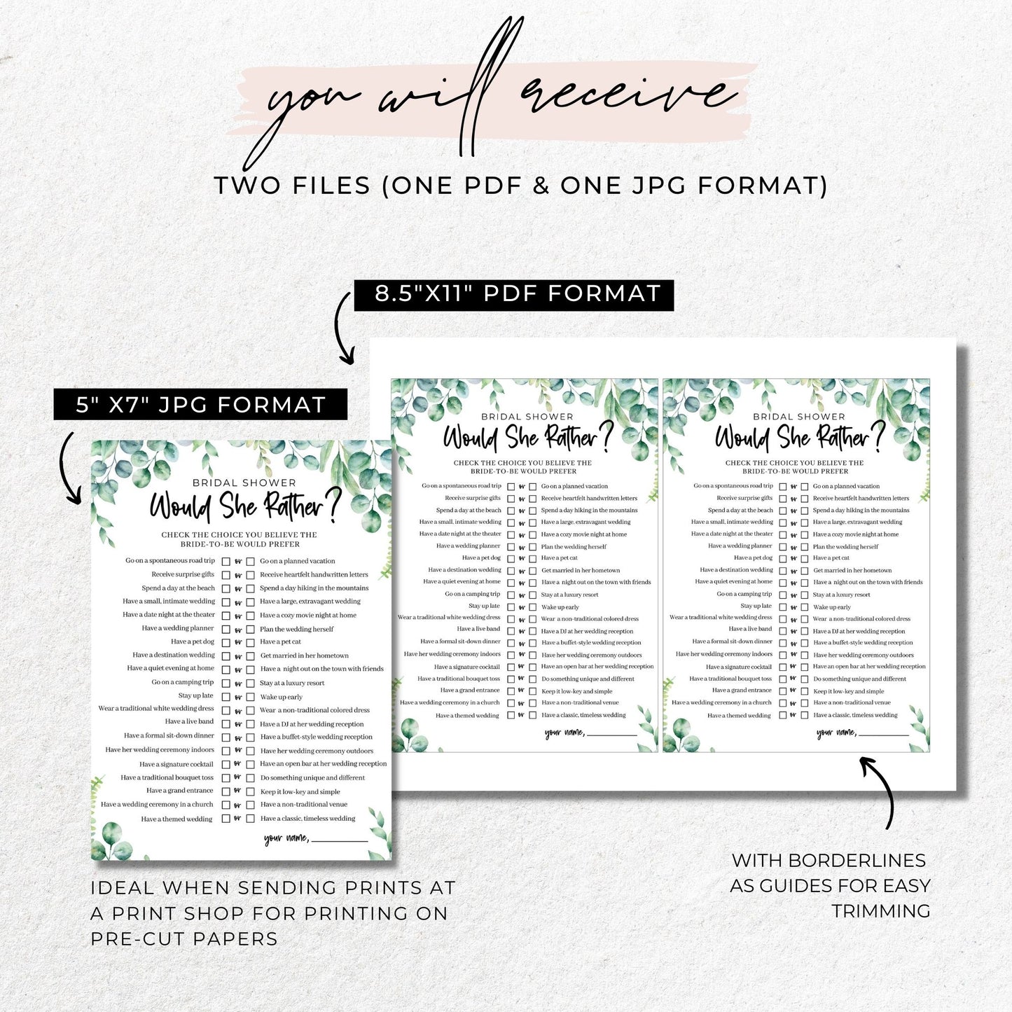 Would She Rather Bridal Shower Game - Greenery