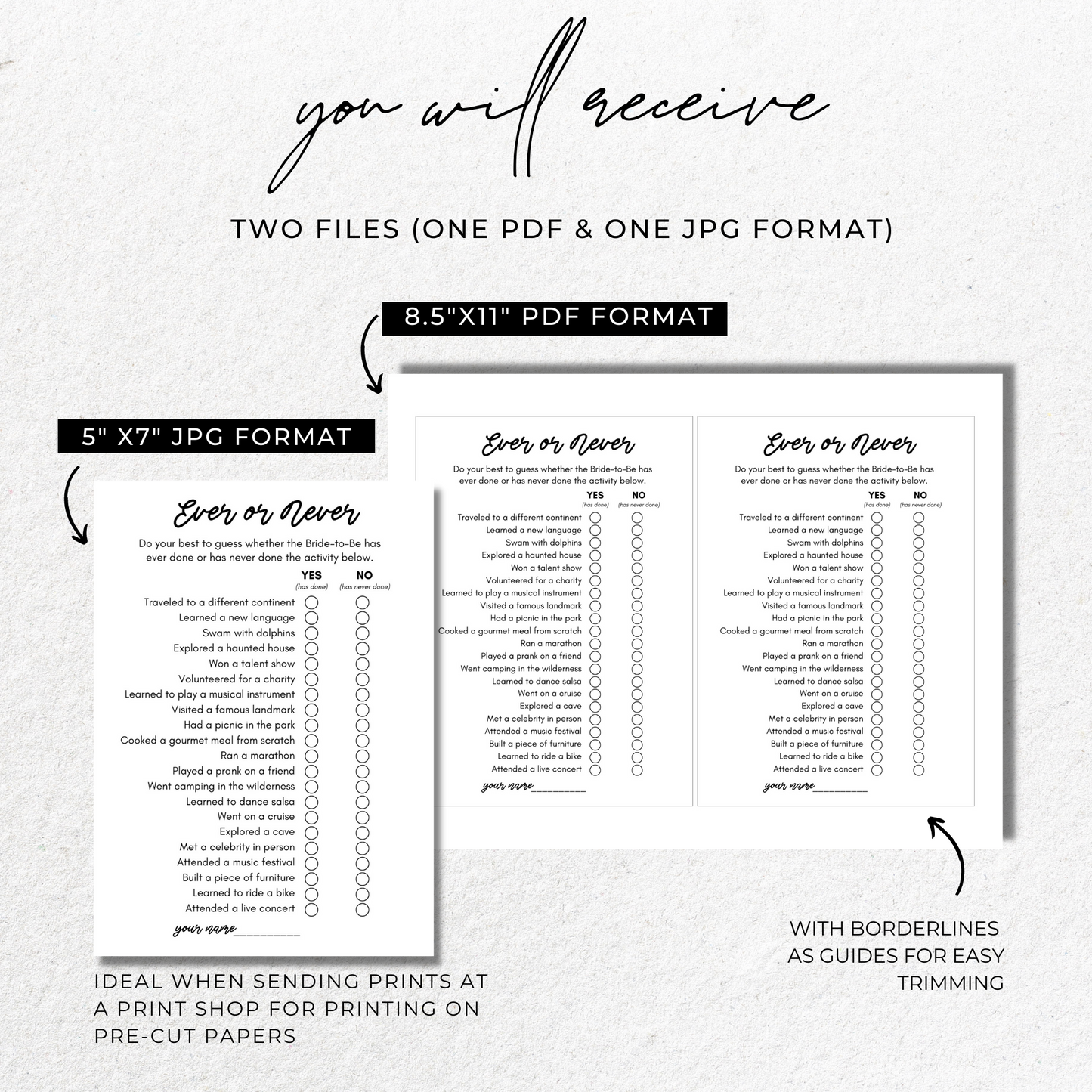 Ever or Never Bridal Shower Game - Minimalist