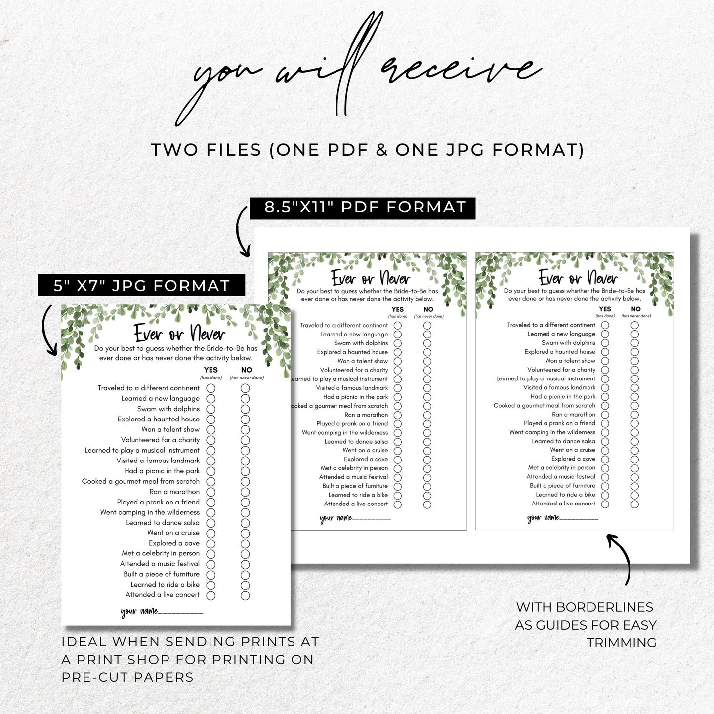 Ever or Never Bridal Shower Game - Greenery