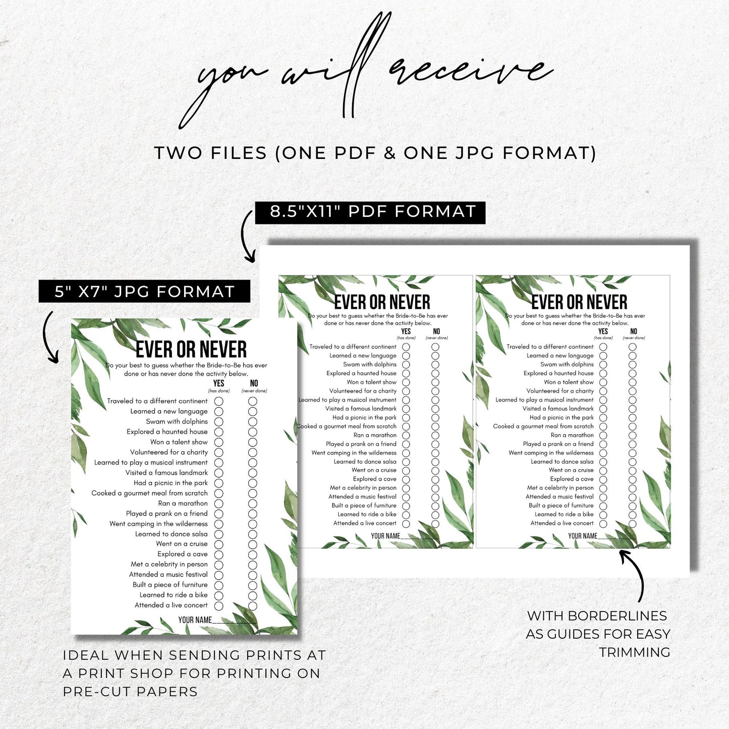 Ever or Never Bridal Shower Game - Greenery