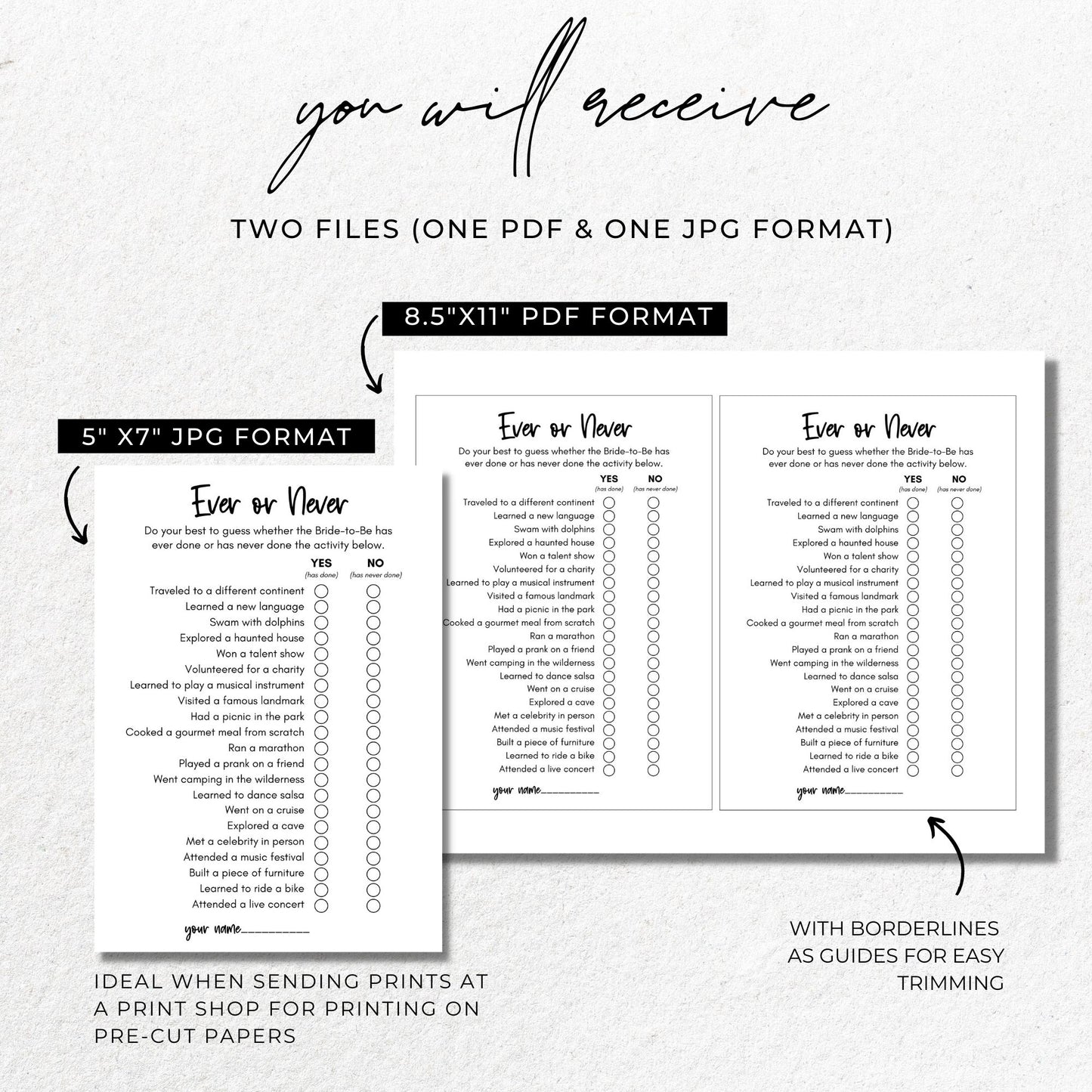 Ever or Never Bridal Shower Game - Minimalist