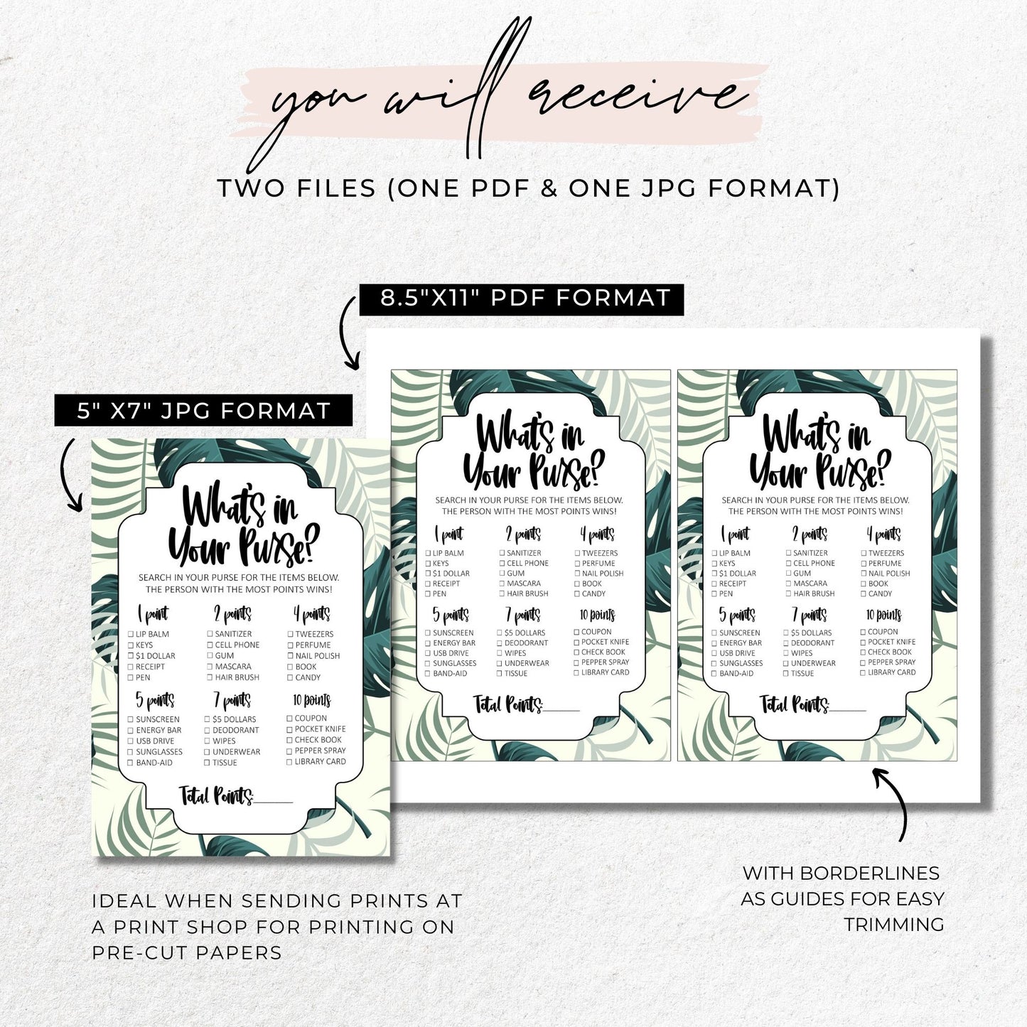 What's In Your Purse Bridal Shower Game Printable - Greenery