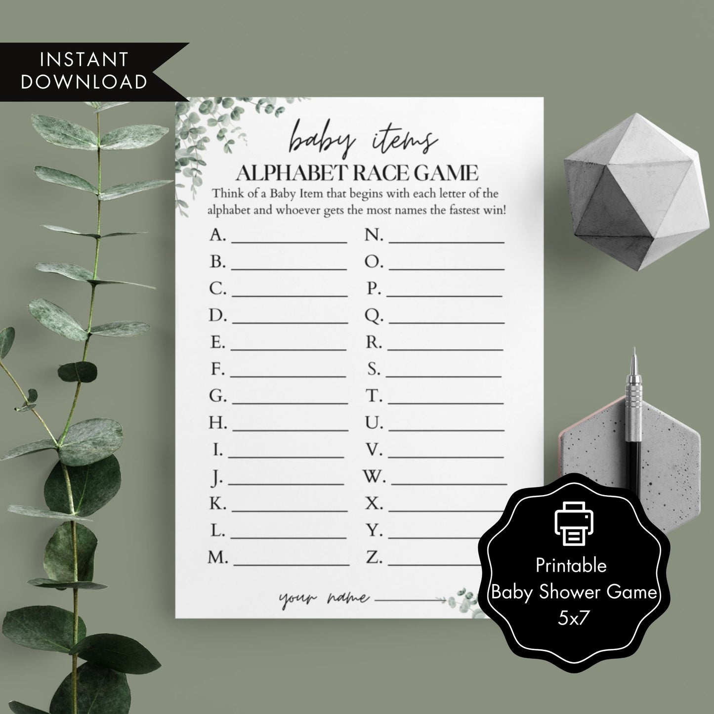 Eucalyptus Baby Shower Alphabet Game