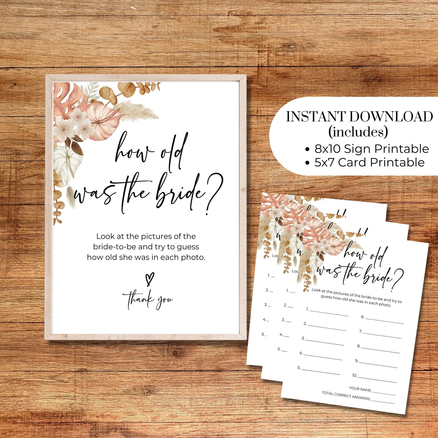 How Old Was the Bride Photo Game 8x10 Sign & 5x7 Game Card Set
