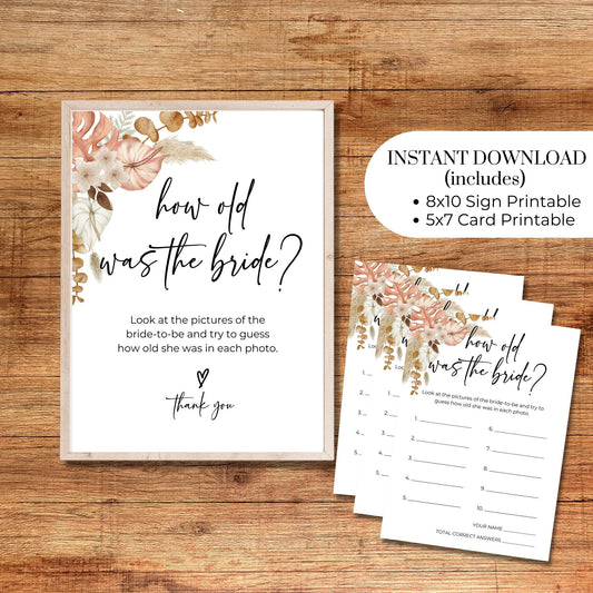 How Old Was the Bride Photo Game 8x10 Sign & 5x7 Game Card Set