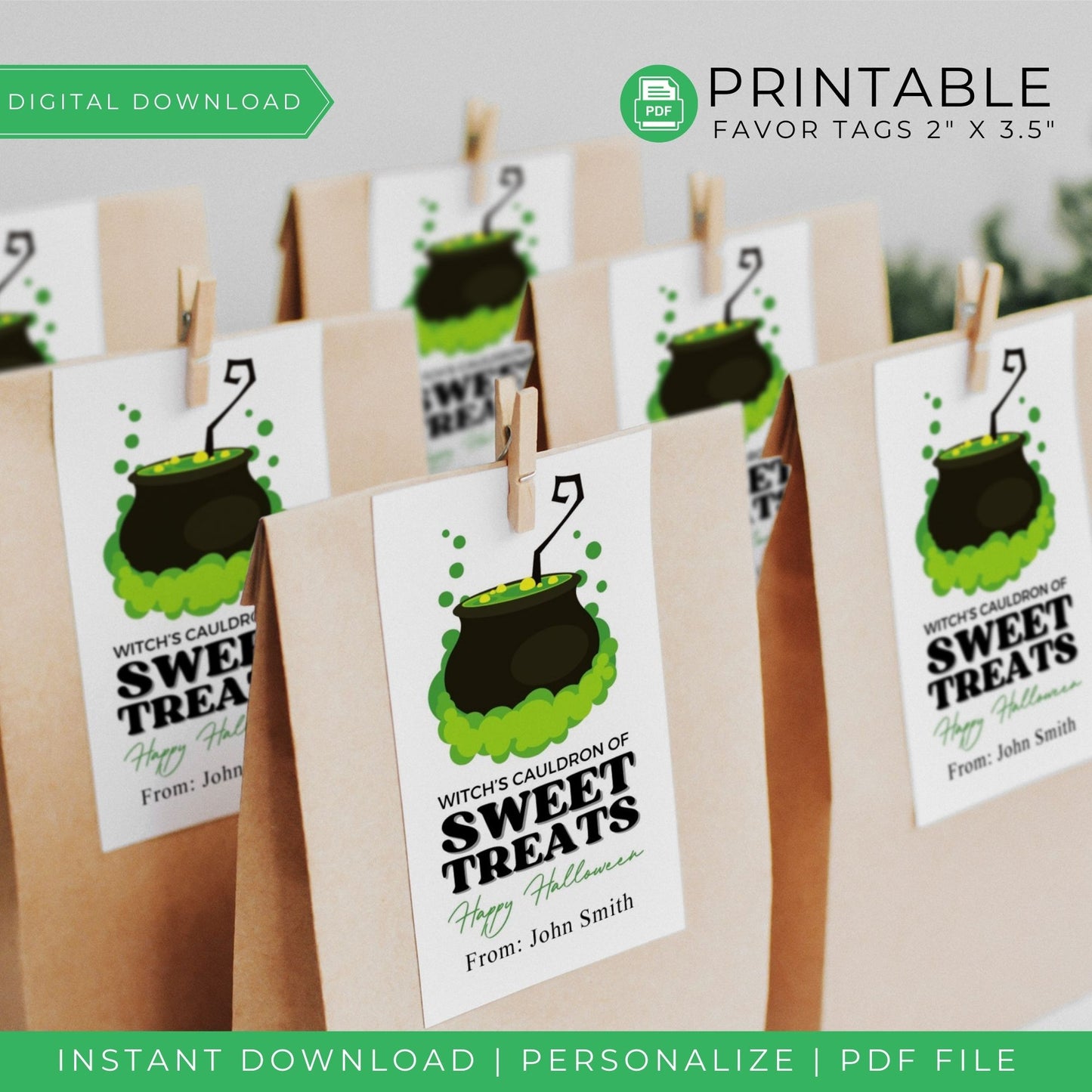 Witch's Cauldron of Sweet Treats Halloween Favor Tags - Printable Halloween Party Tags - Spooky Cauldron Gift Tags for Trick or Treat Bags and Party Favors