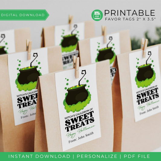 Witch's Cauldron of Sweet Treats Halloween Favor Tags - Printable Halloween Party Tags - Spooky Cauldron Gift Tags for Trick or Treat Bags and Party Favors