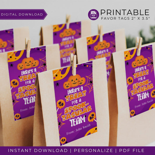 Personalized Halloween Favor Tags for Spooktacular Team Gifts - Printable 2x3.5 Inch Treat Bag Tags - Halloween Party Favor Tags - Office Team Gift Labels - Editable