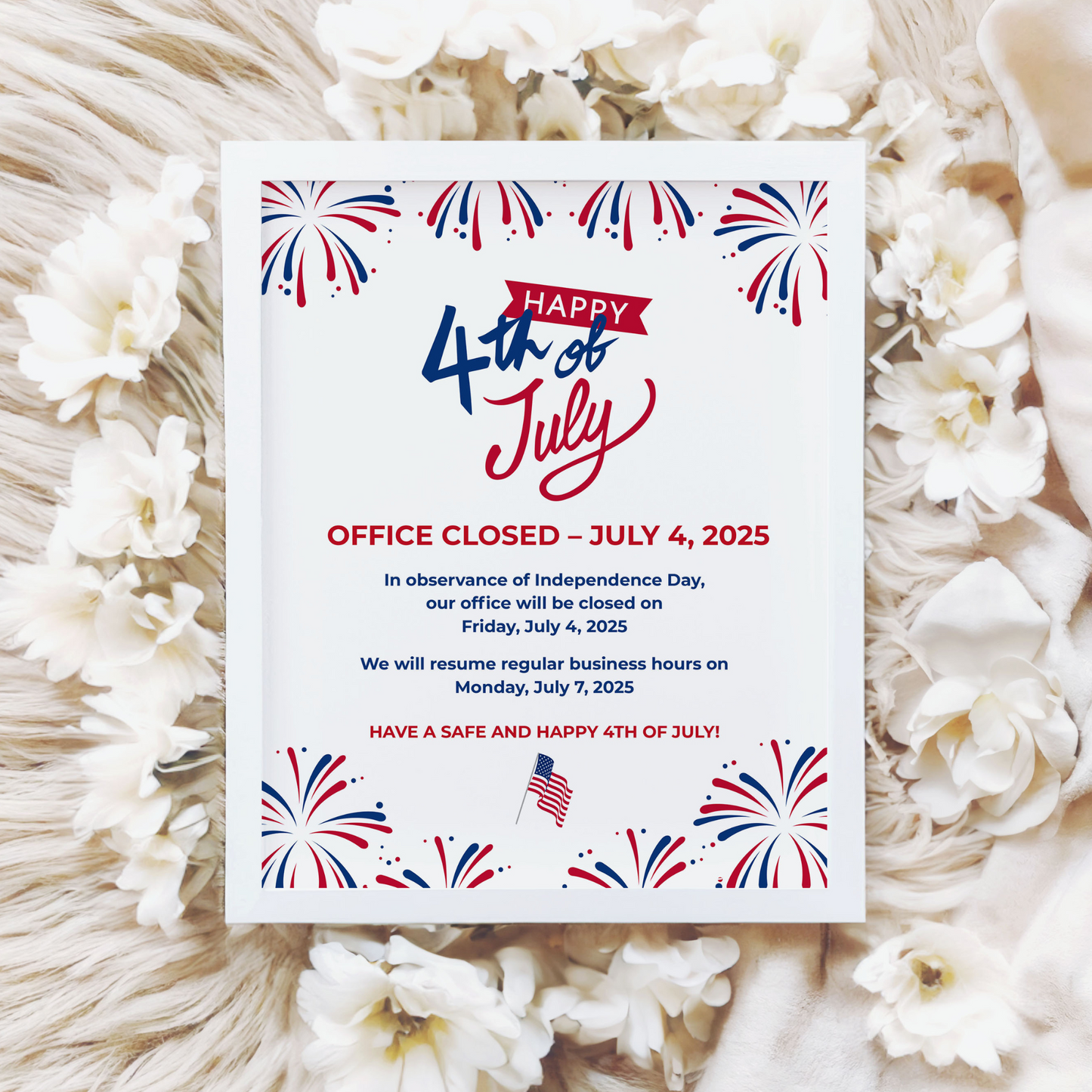 4th of July Office Closed Sign Printable, Independence Day Business Hours Sign, 8x10 8.5x11 PDF Instant Download