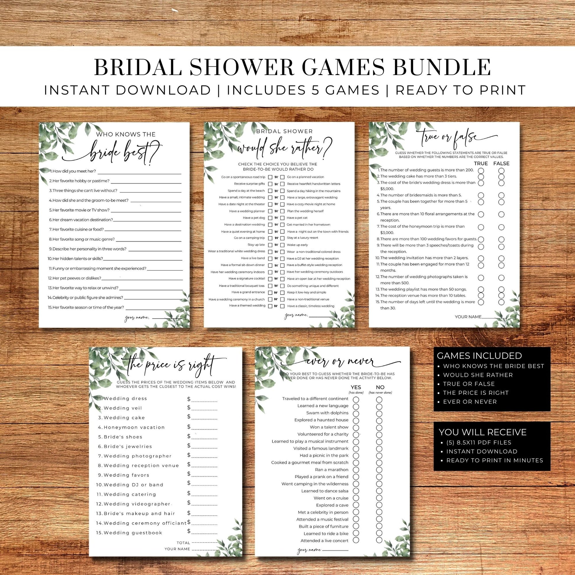 Greenery Bridal Shower Party Games Bundle