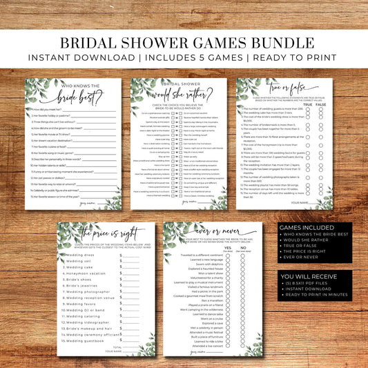 Greenery Bridal Shower Party Games Bundle