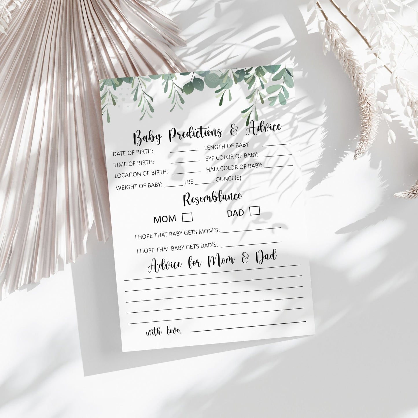 Printable Baby Predictions & Advice Cards | Fun Baby Shower Game | Greenery Themed | Instant Digital Download | Gender-Neutral Baby Shower Activity