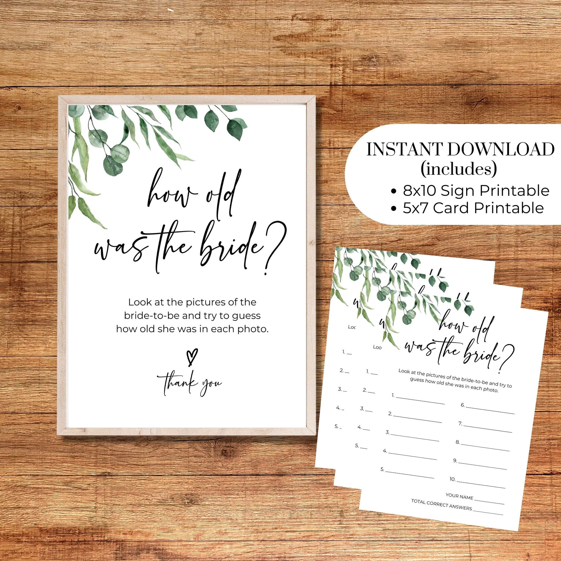 How Old Was the Bride Photo Game 8x10 Sign & 5x7 Game Card Set