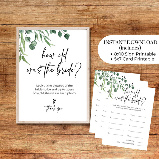 How Old Was the Bride Photo Game 8x10 Sign & 5x7 Game Card Set