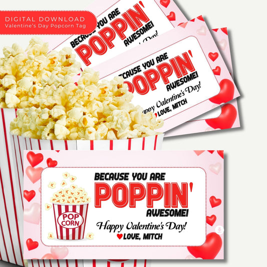 You're Poppin' Awesome" Valentine Tag Template - 3x5.5 Editable Popcorn Treat Tag for Kids, Classmates & Party Favors - Corjl Printable