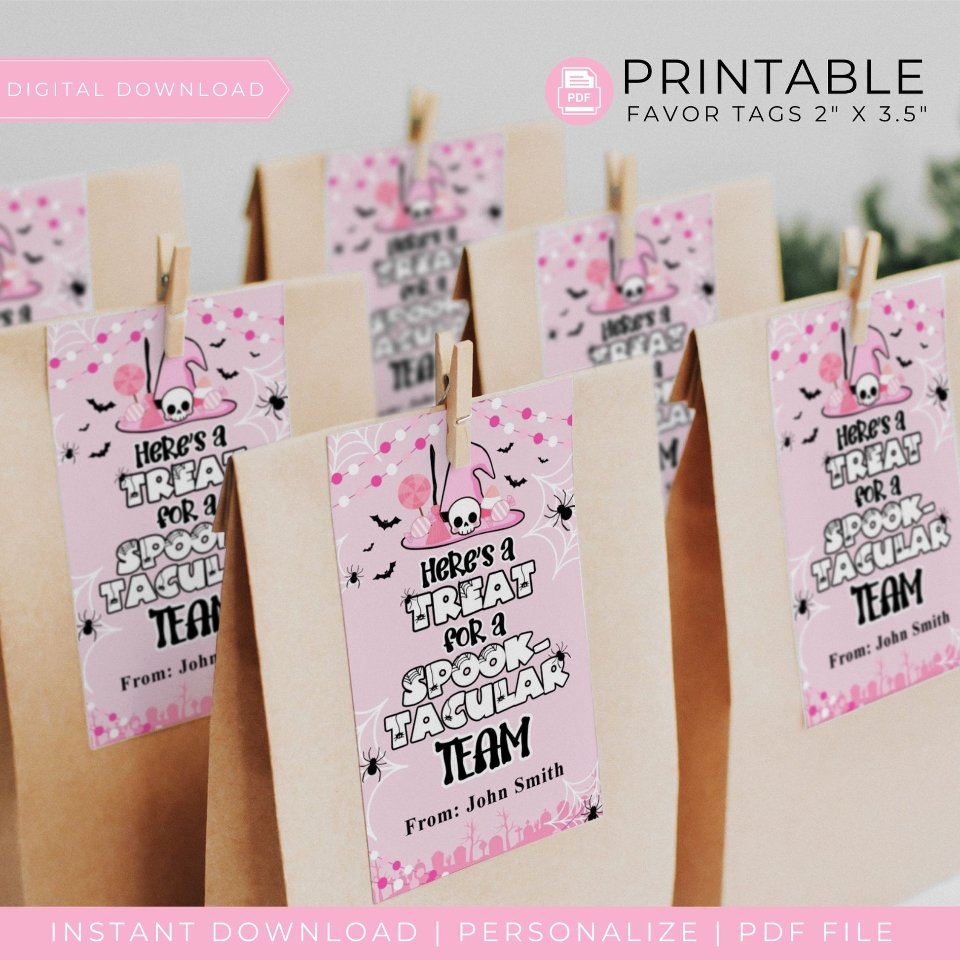 Pink Halloween Favor Tags for Spooktacular Team Gifts - Personalized Printable 2x3.5 Inch Treat Bag Tags - Cute Halloween Team Gift Labels - Editable