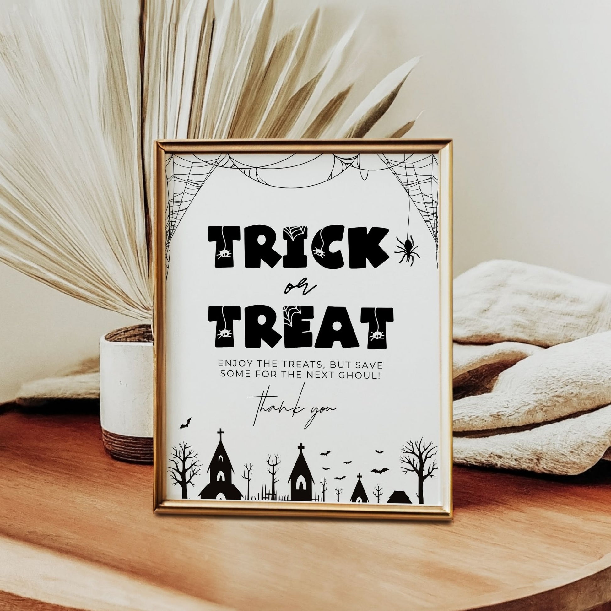 Spooky Trick or Treat Sign, Printable Halloween Candy Table Decor, Haunted Graveyard Theme, Black and White Party Sign, Instant Download