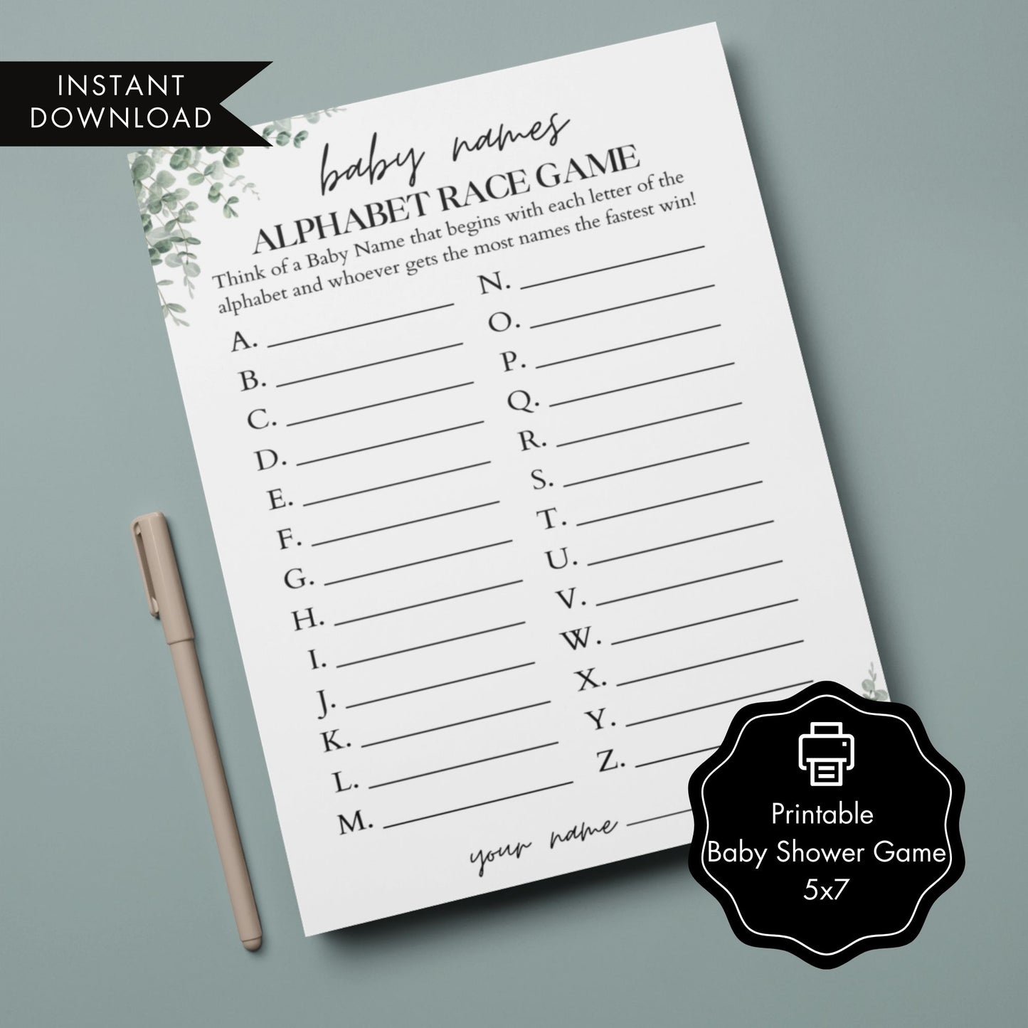 Whimsical Eucalyptus Baby Shower Alphabet Game | Printable Baby Names Activity