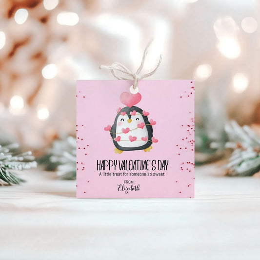 Editable Valentine’s Day Gift Tag Template - 3x3 Custom Treat Bag Tags - Cute Penguin Design - Corjl Printable for Kids & Classmates
